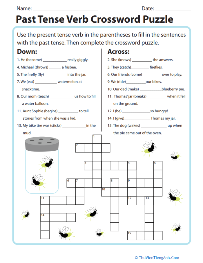Fourth grade grammar worksheet featuring past tense verb puzzles with an earth and space science theme