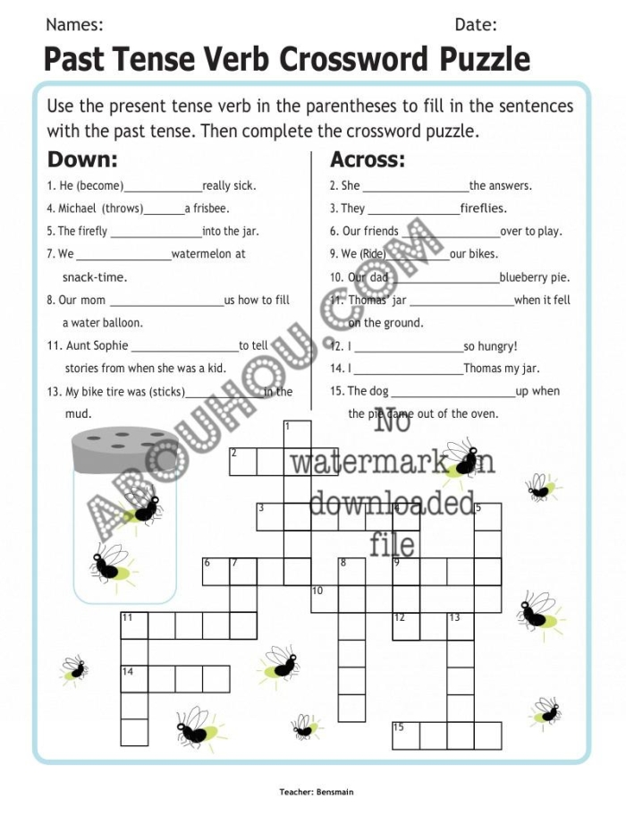 Colorful worksheet featuring a grammar puzzle focused on past tense verbs for fourth graders