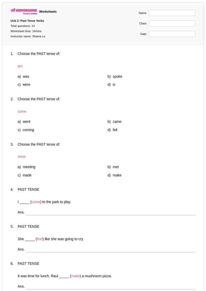 Identifying Past Tense Verbs Worksheet for Fourth Grade Learners Worksheet featuring fourth graders practicing past tense verbs in sentences