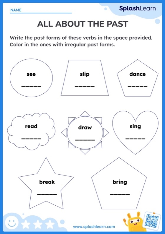 Identifying Past Tense Verbs Practice for Fourth Grade Students Worksheet featuring fourth graders identifying past tense verbs in sentences