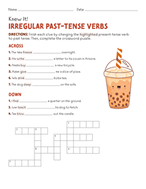 Worksheet featuring a grammar puzzle focused on past tense verbs for fourth graders