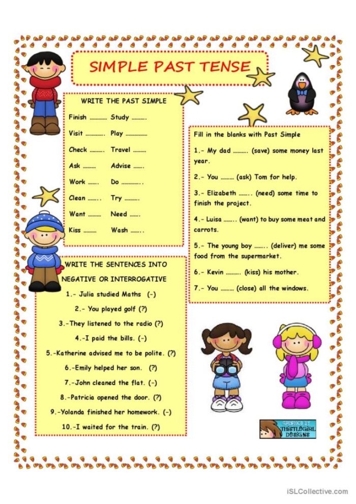 Interactive worksheet featuring a grammar puzzle focused on past tense verbs for fourth graders