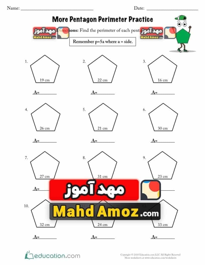 Pentagon Perimeter Practice worksheet for enhancing math skills Worksheet featuring pentagon perimeter problems for fourth graders