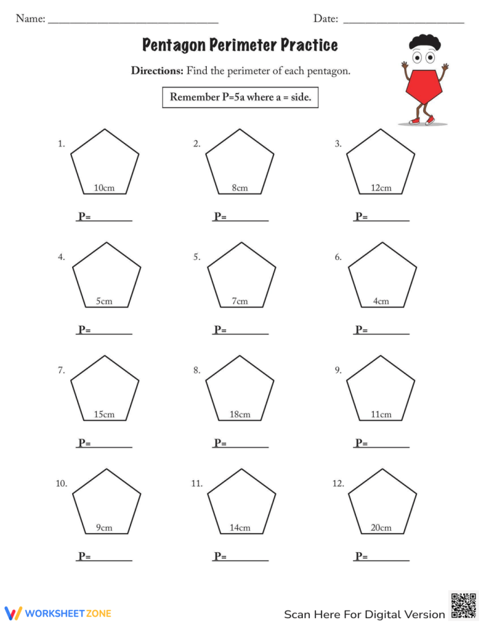 Practice finding the perimeter of pentagons with this engaging worksheet Worksheet featuring pentagon perimeter problems for fourth graders