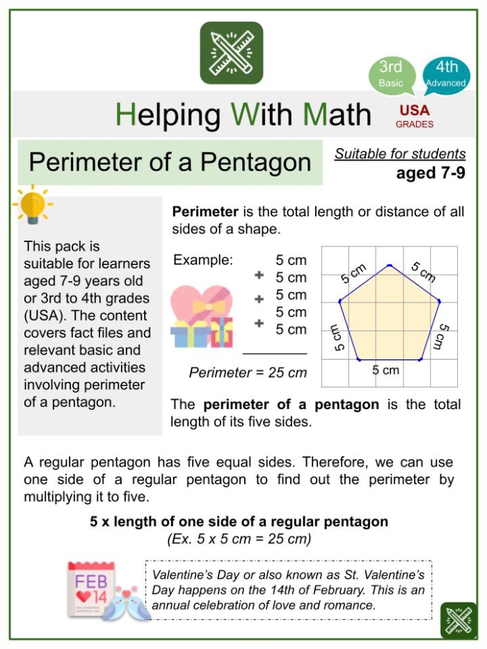 Pentagon Perimeter Practice worksheet for enhancing math skills in elementary students Worksheet featuring perimeter problems focused on pentagons for fourth graders