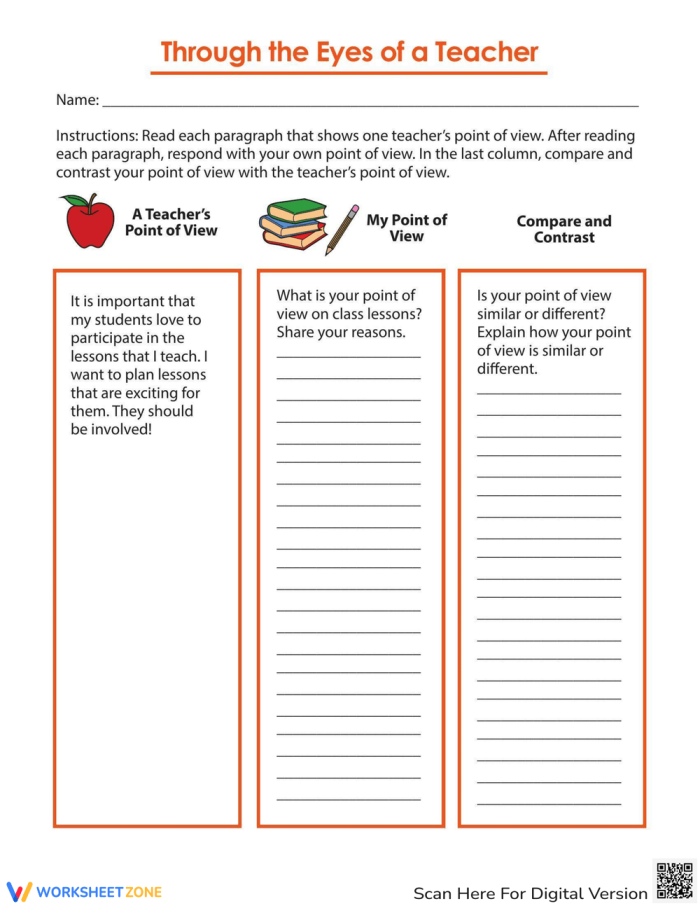 Worksheet for fourth graders on understanding different perspectives through group scenarios