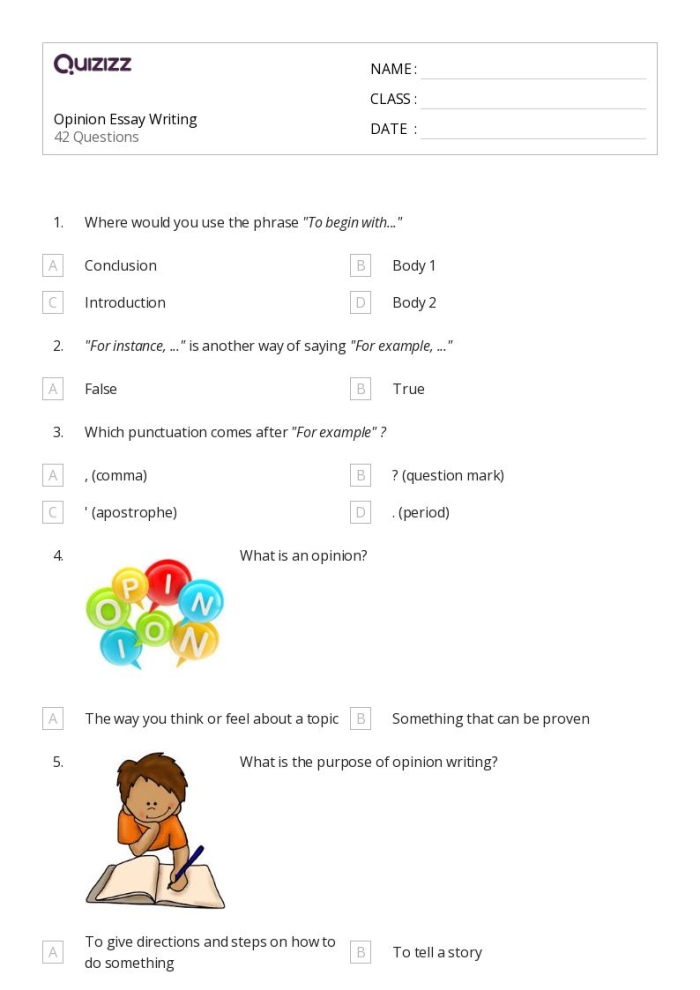 Anchor Paper worksheet for analyzing persuasive essay structure in grade four Example of an opinion essay worksheet for fourth graders focusing on persuasive writing components