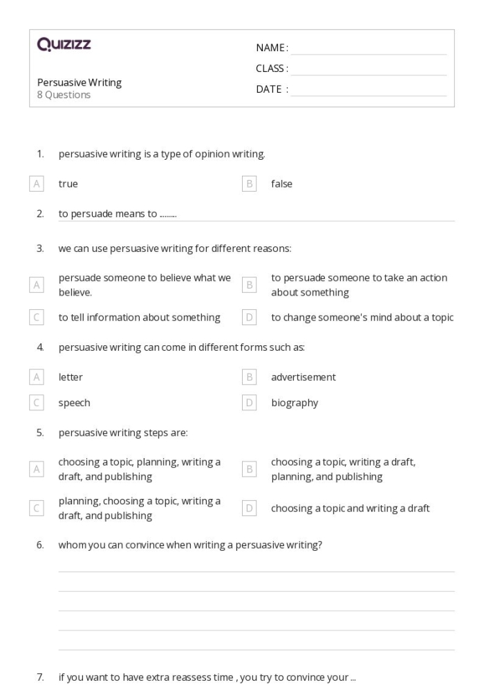 Persuasive writing evaluation worksheet for fourth graders, image 9 Fourth-grade persuasive writing assessment worksheet for evaluating arguments