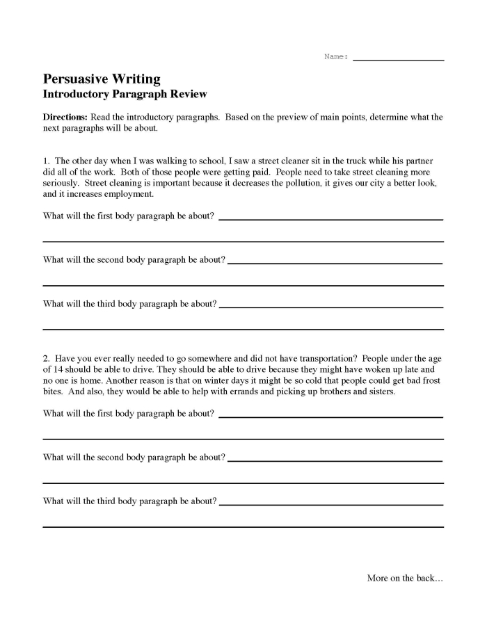 Fourth grade persuasive writing guide worksheet showing a structured outline for students
