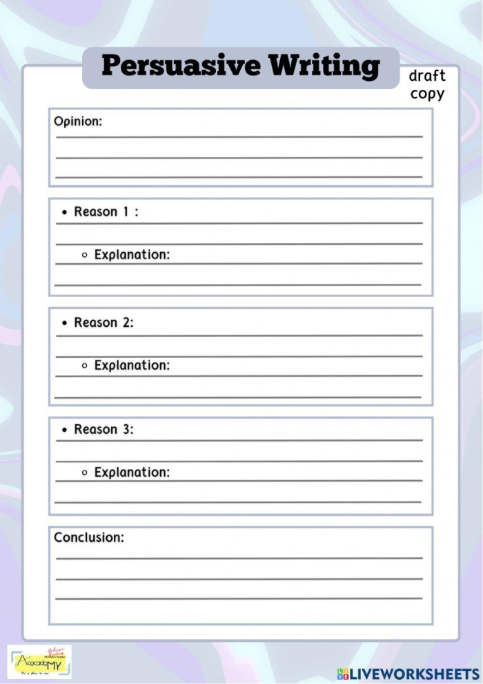 Worksheet for fourth graders on persuasive writing with a structured outline