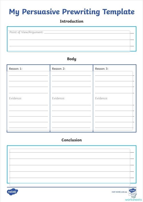 Worksheet for fourth graders on persuasive writing with structured outline