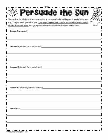 Worksheet for fourth graders on persuasive writing with structured outline