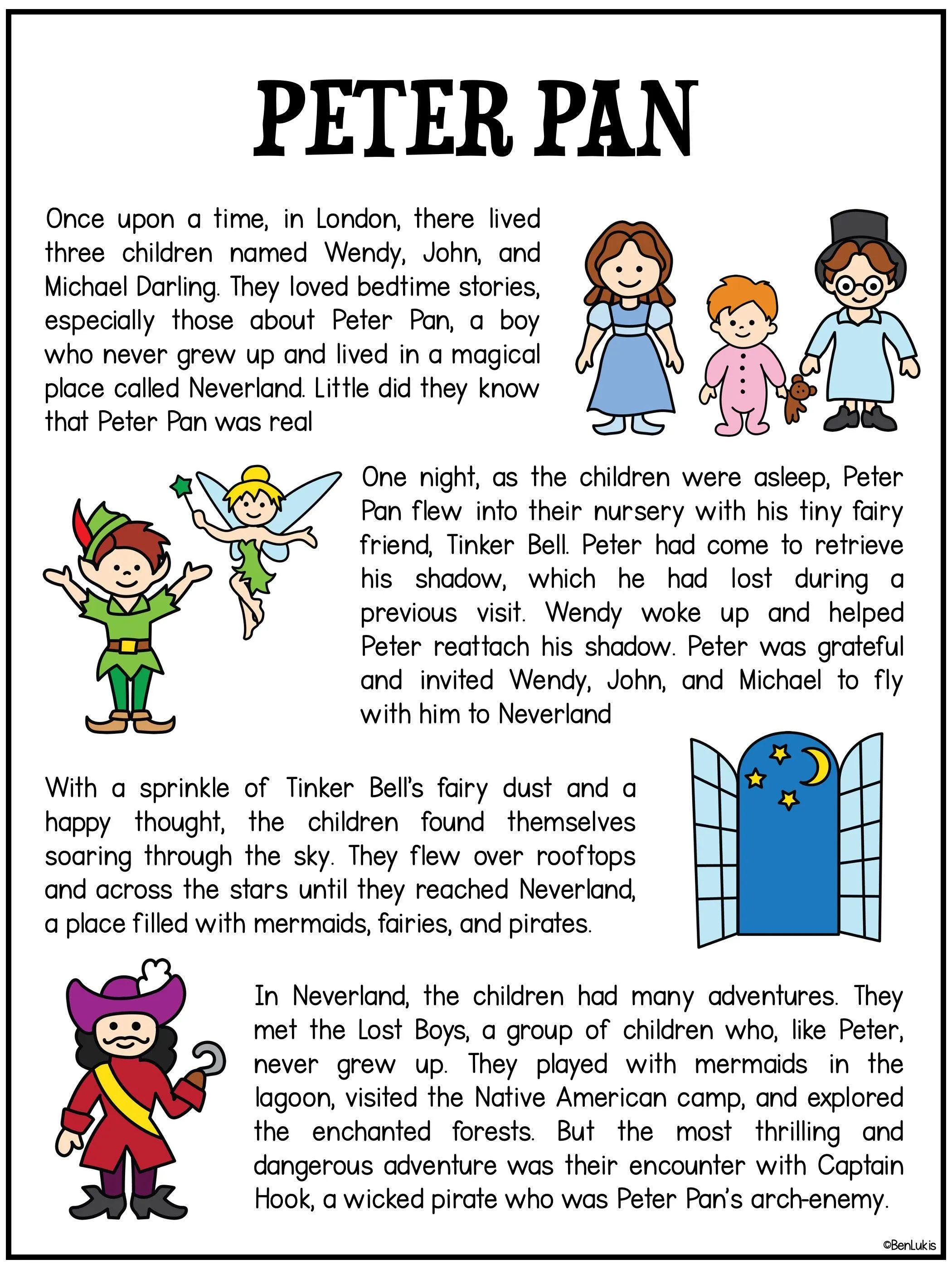 Fourth grade reading comprehension worksheet about Peter Pan with questions and text passages for students to practice understanding the classic children's story