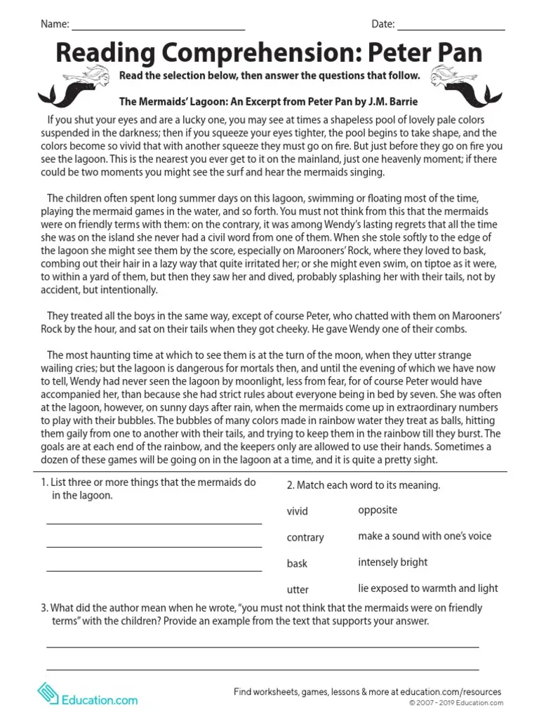 Fourth grade reading comprehension worksheet about Peter Pan with questions and text passages for students to practice comprehension skills