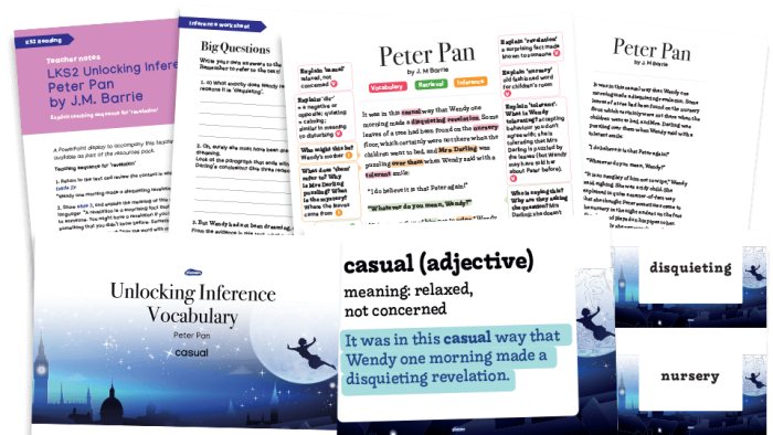 Fourth grade reading comprehension worksheet featuring a Peter Pan story passage and questions