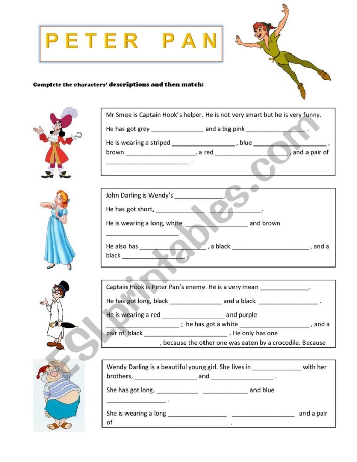 Fourth grade reading comprehension worksheet featuring Peter Pan story questions and text passages for students to practice understanding the classic children's tale