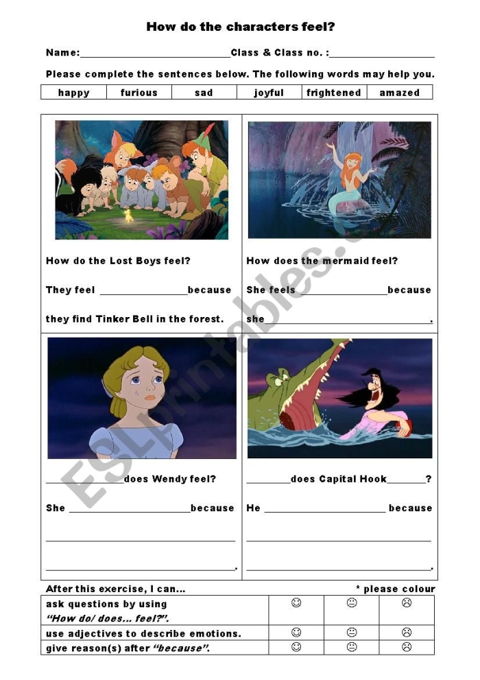 Fourth grade students completing a reading comprehension worksheet about the story of Peter Pan