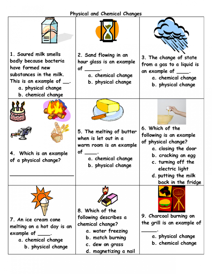 Physical vs Chemical Change Worksheet for 4th Grade Science Lesson 15 Fourth grade science worksheet explaining the difference between physical and chemical changes with matter experiments
