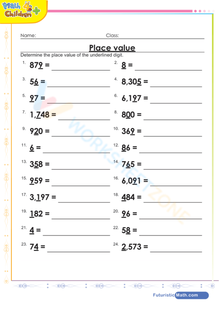 Fourth grade math worksheet showing 15 place value problems with numbers in the thousands for developing number sense skills