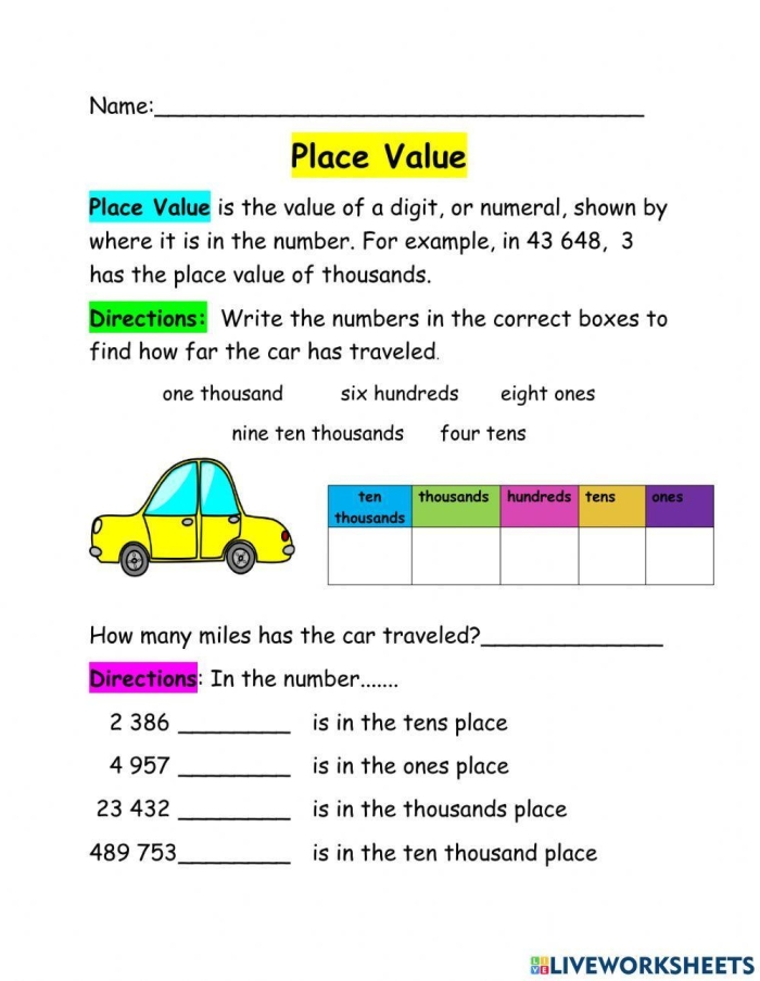 Fourth grade math worksheet for practicing place value skills up to the thousands place