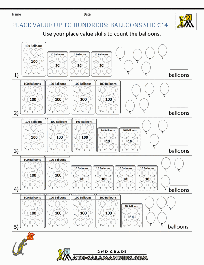 Fourth grade math worksheet featuring seven number-building challenges using a place value number bank
