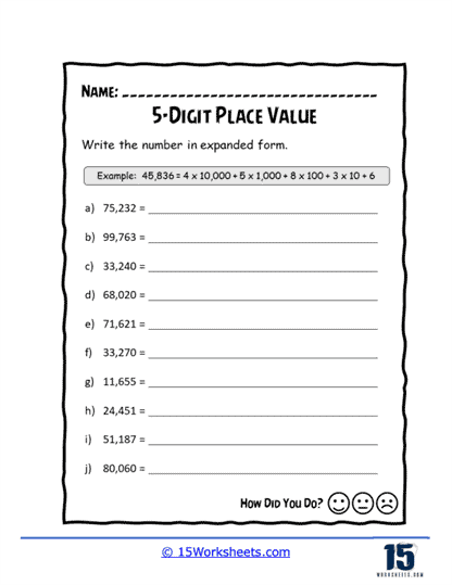 Worksheet for practicing place value up to ten thousands for fourth graders.