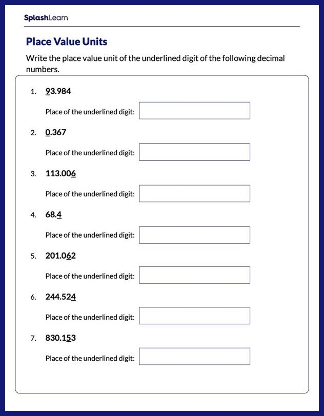 Fourth grade math worksheet featuring four-digit number place value practice exercises