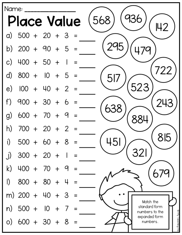 Fourth grade math worksheet featuring four-digit numbers for students to practice identifying individual place values