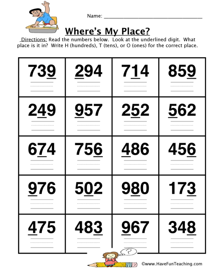 Worksheet featuring four-digit numbers for place value identification in fourth grade math