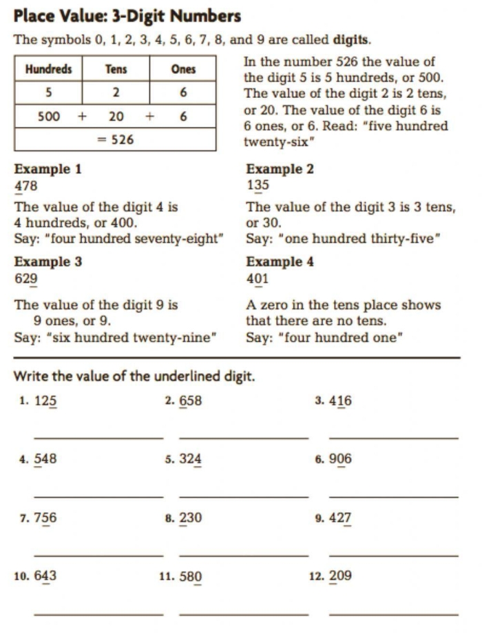 Worksheet illustrating place value for four-digit numbers in a fourth grade math activity