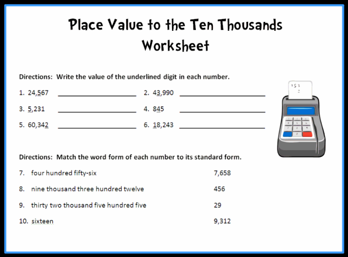 Fourth grade students practicing place value identification and number sense with thousands, hundreds, tens, and ones columns on a math worksheet