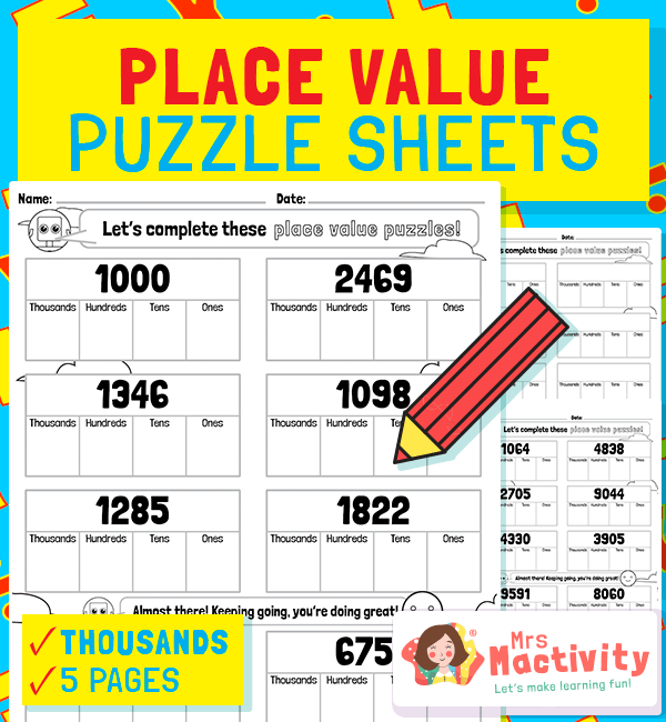 Fourth grade math worksheet featuring 15 place value practice problems focused on thousands