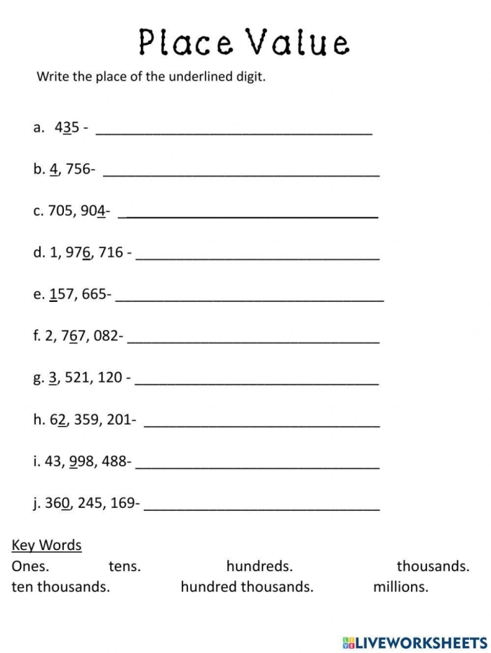 Fourth grade math worksheet showing 15 place value problems for understanding thousands, hundreds, tens and ones positions