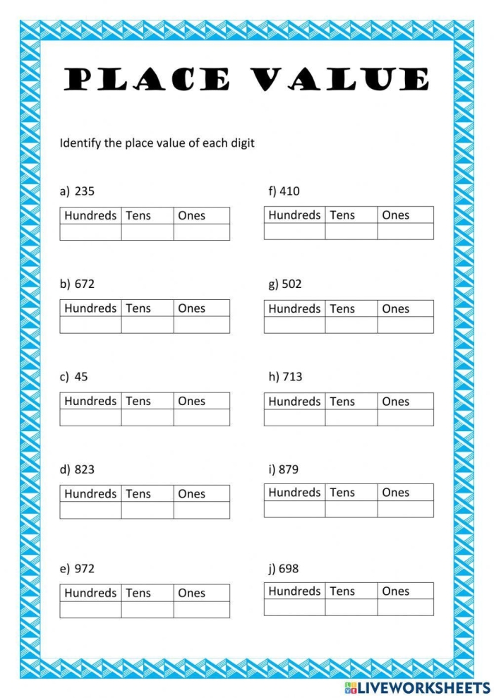 Fourth grade math worksheet featuring place value exercises for four-digit numbers