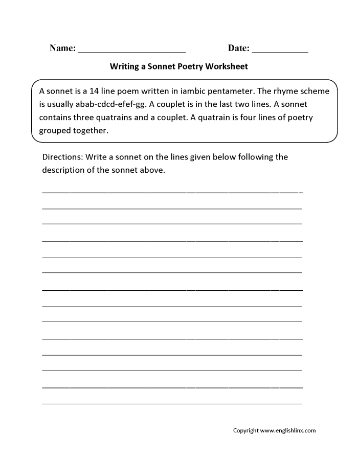 Poetry Guide Worksheet for Fourth Grade Students Fourth grade poetry guide worksheet featuring twelve poetic elements and six poem types