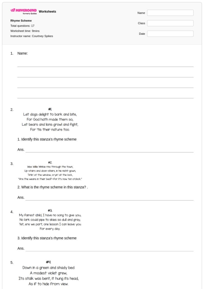 Fourth grade poetry worksheet showing rhyme scheme examples from Robert Louis Stevenson poems with analysis exercises