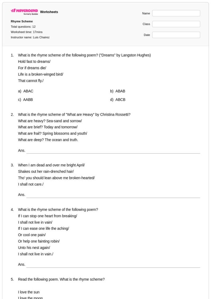 Fourth grade poetry worksheet showing rhyme scheme analysis with Robert Louis Stevenson poem excerpts and practice activities