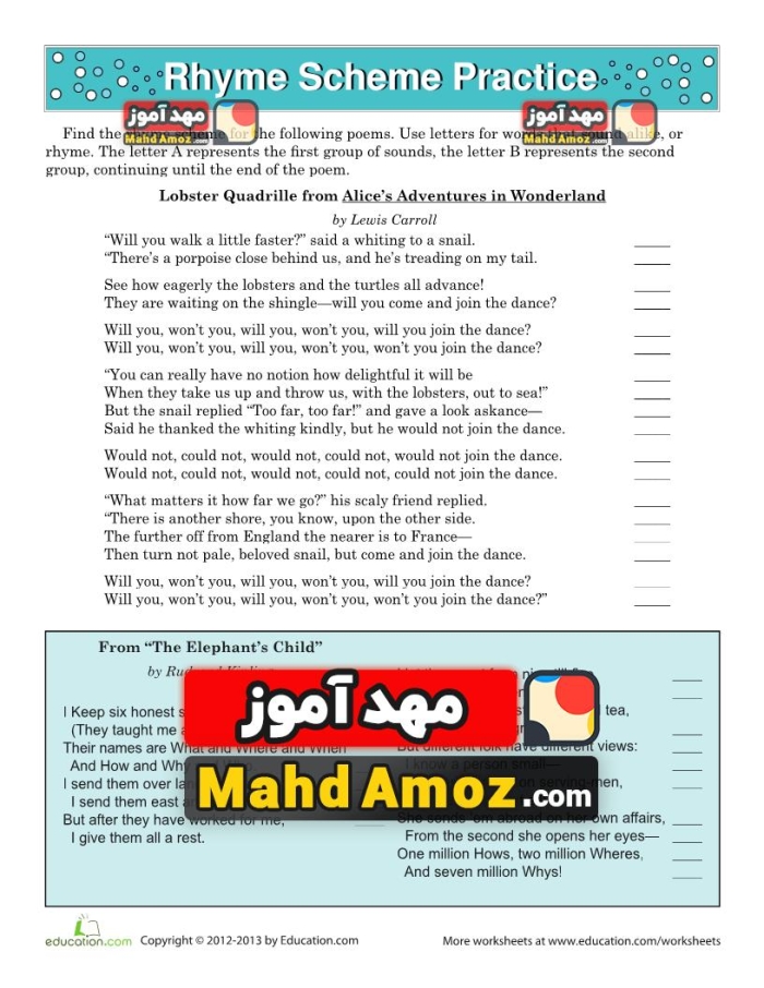 Fourth grade student working on a poetry analysis worksheet about rhyme schemes with Robert Louis Stevenson poems