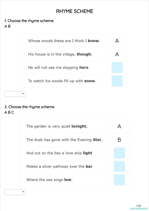 Fourth grade poetry worksheet showing rhyme scheme analysis with Robert Louis Stevenson poem excerpts and practice exercises