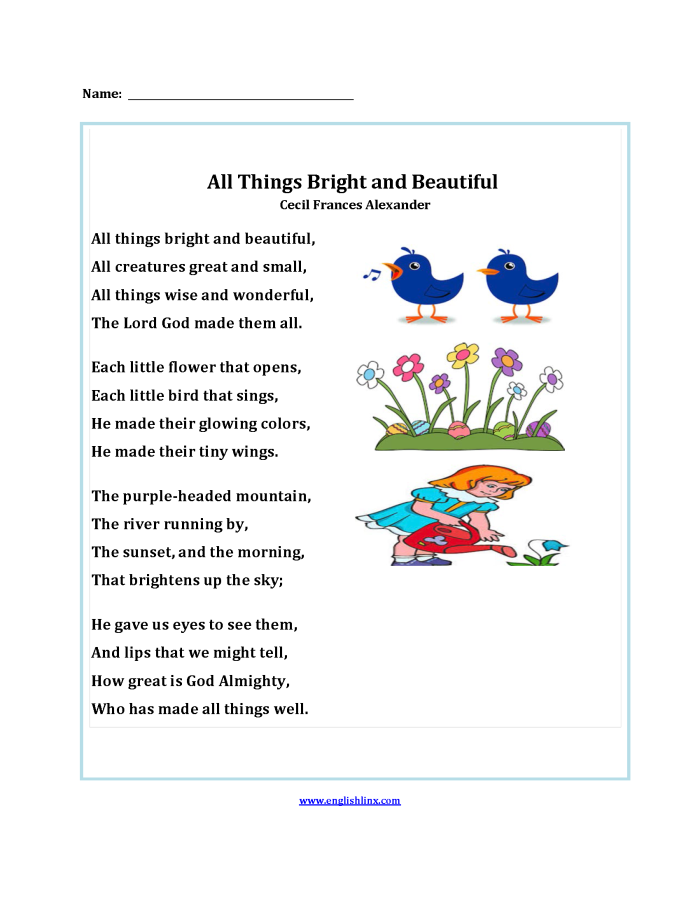 Illustration of a comprehensive poetry worksheet for elementary students Poetry Guide worksheet for fourth graders featuring elements and types of poems