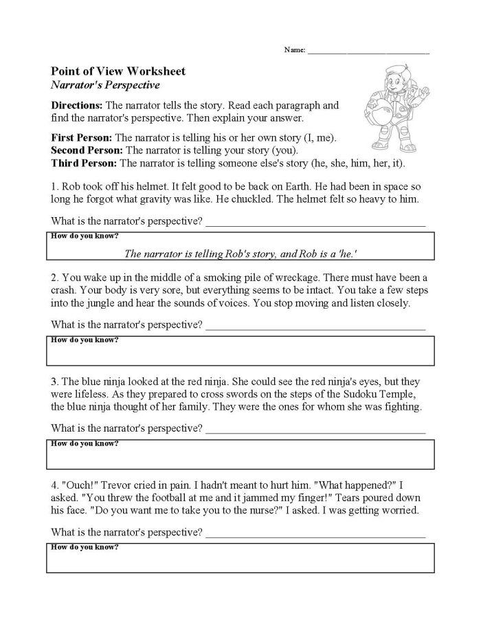 Fourth grade student identifying perspective using a point of view worksheet