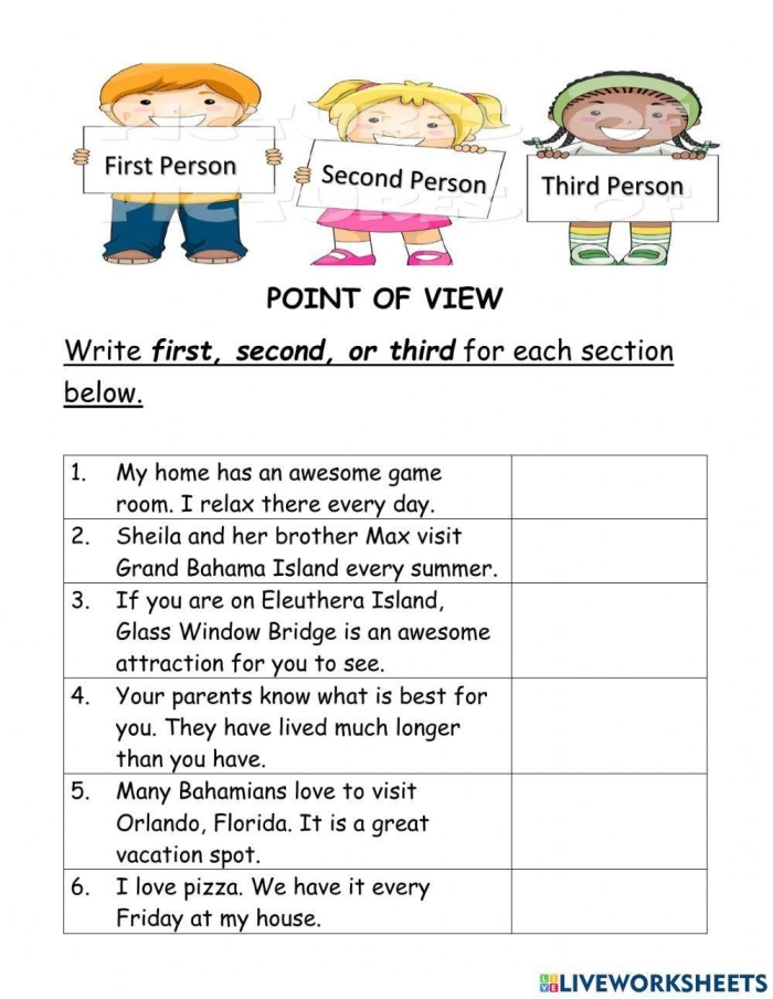 Fourth grade students identifying story point of view on an algebra themed literacy worksheet