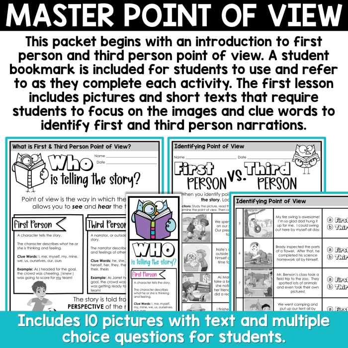 Point of View worksheet for fourth graders focusing on identifying narrative perspectives