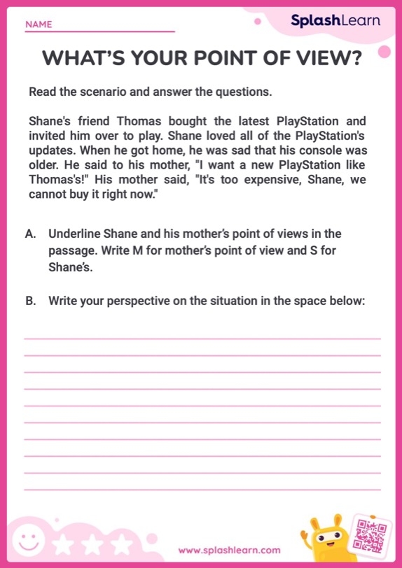 Worksheet for fourth graders focused on practicing point of view with pronouns