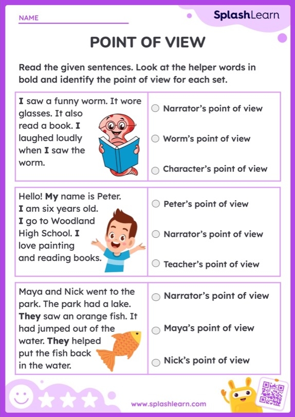Fourth grade student practicing identifying narrative perspective on a point of view worksheet