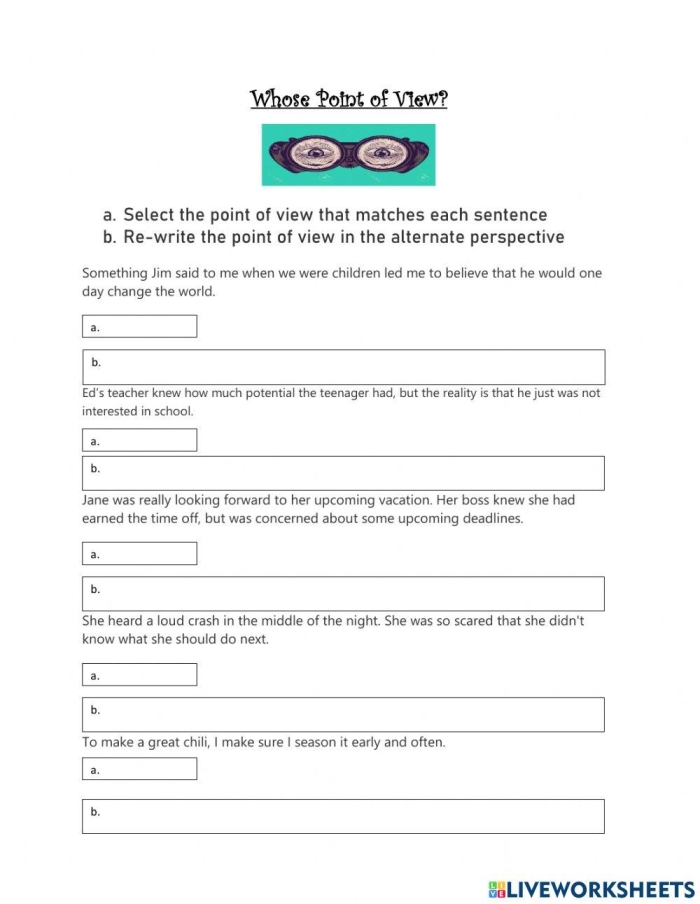 Fourth grade student filling out a literacy exercise to determine the narrator perspective