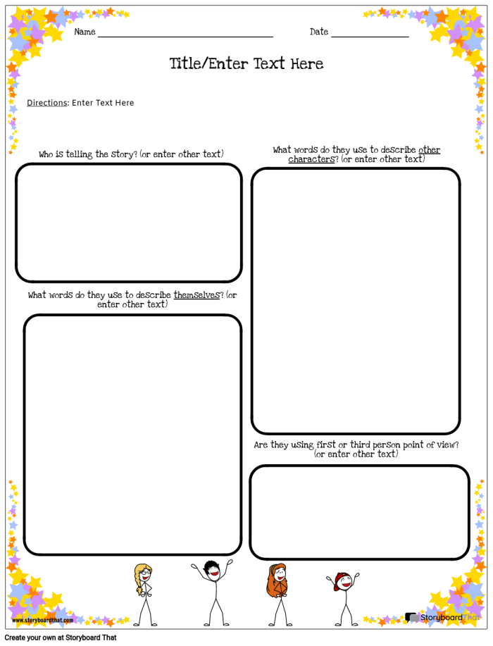 Young students engaging with a Point of View worksheet for fourth grade literacy skills. Educational illustration for identifying narrative perspectives in stories.