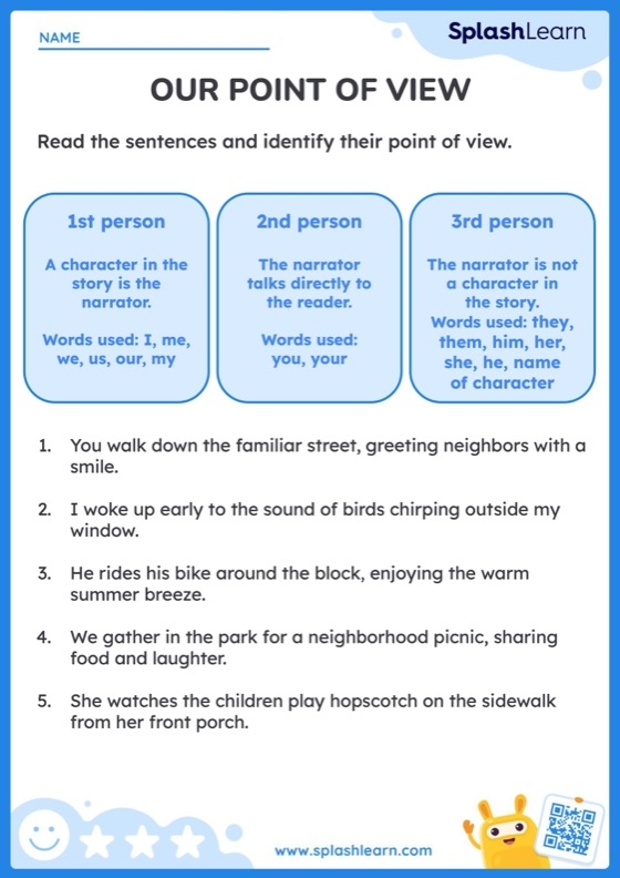 Fourth grade students practicing how to identify narrative perspectives on a point of view worksheet