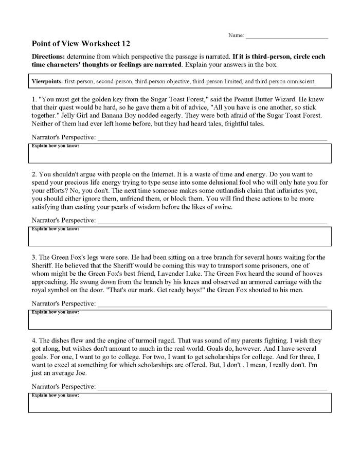 Fourth grade reading worksheet featuring pronoun exercises to help students identify point of view