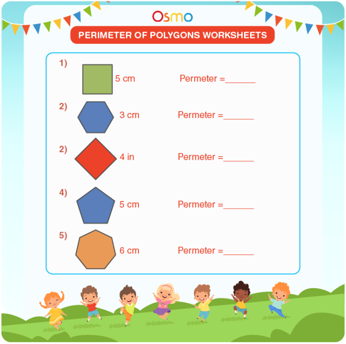 A fourth grade student solving polygon perimeter word problems using a four-step method to find the distance around shapes